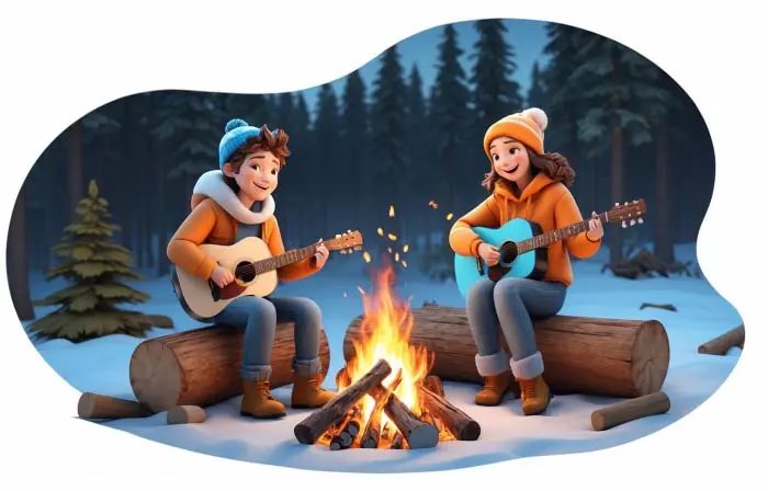 Young Couple by Bonfire Playing Guitar Cartoon 3D Character Design Art Illustration